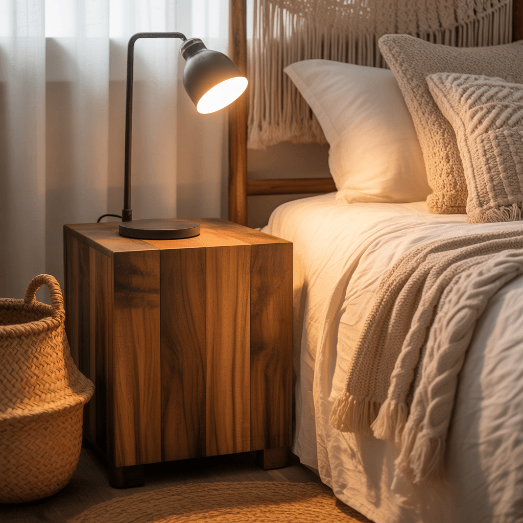 Modern Boho bedroom mixing natural textures with rustic charm.