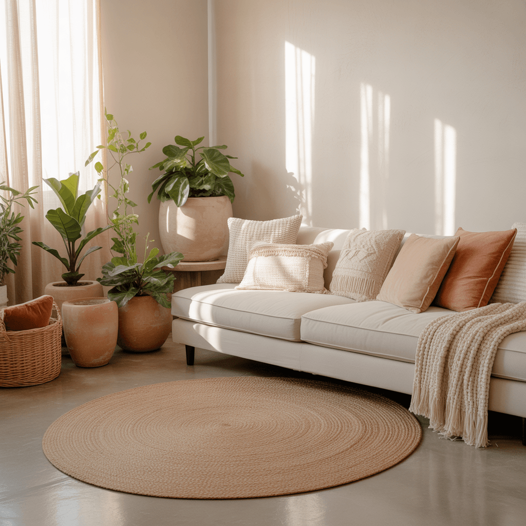 Modern Boho interior with warm neutral colors and organic textures.