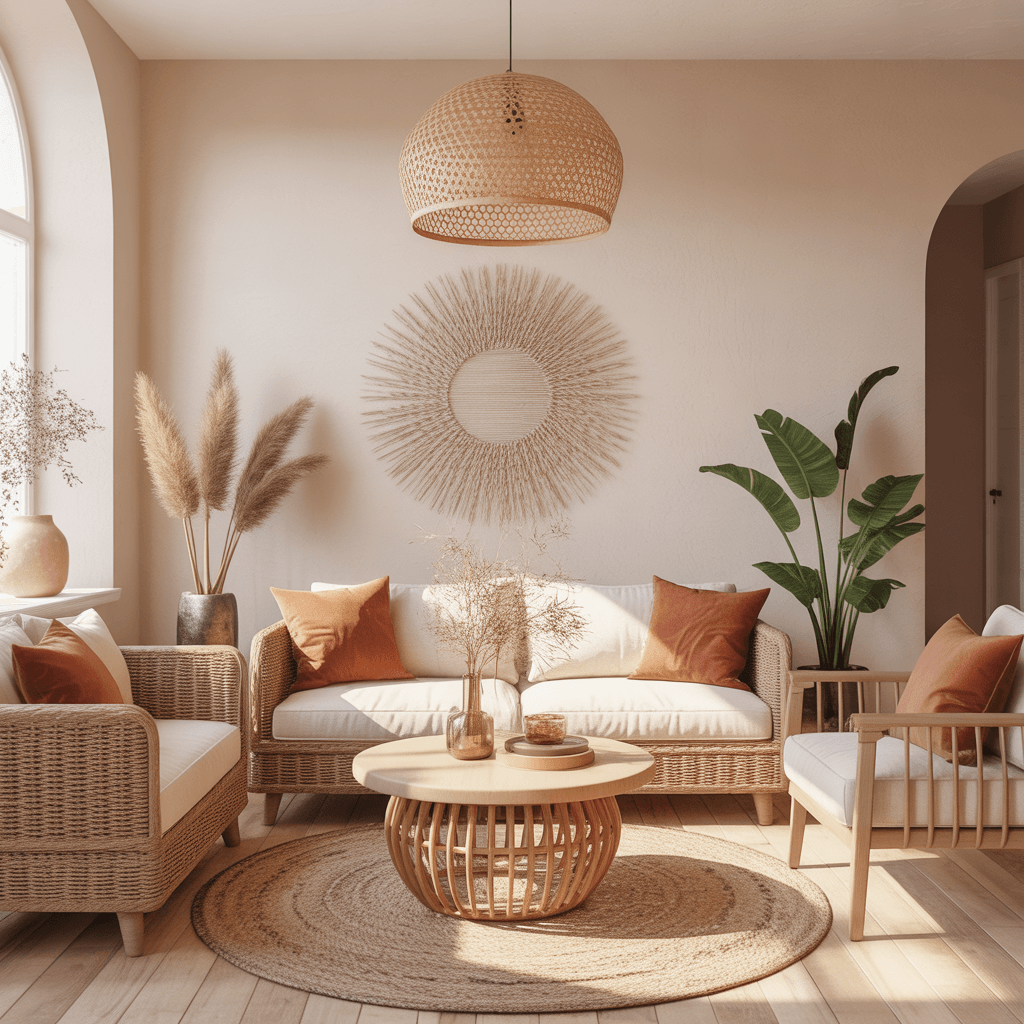 Modern Boho living room styled with warm neutrals and earthy tones.