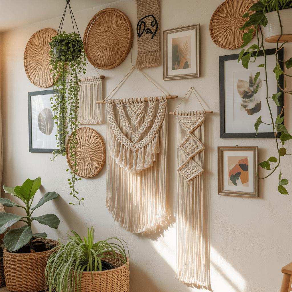 Modern Boho wall with layered décor, plants, and warm natural elements