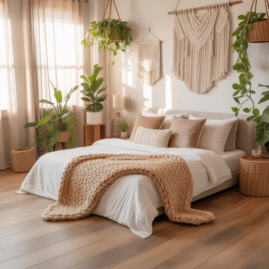 Modern boho bedroom in 2026 with natural textures and calm colors