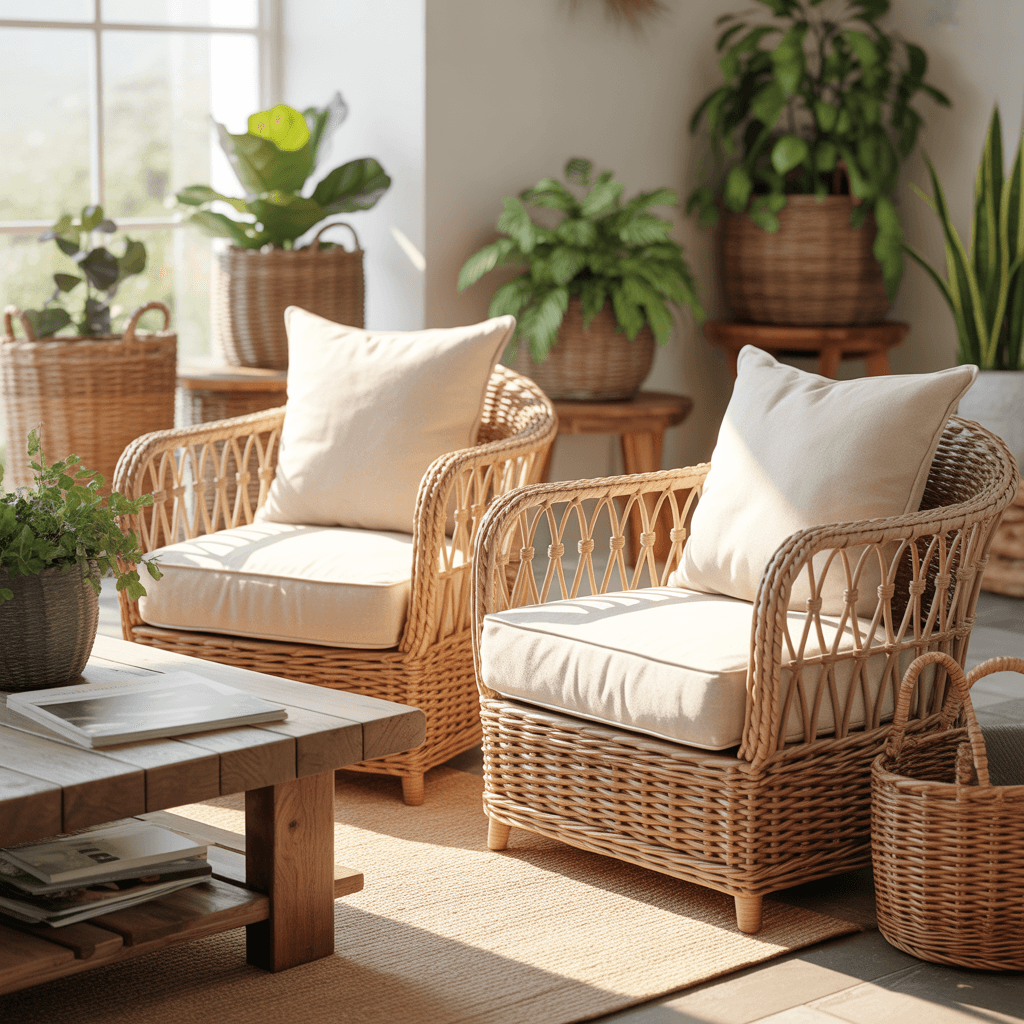Modern boho living room with rattan chairs and woven baskets