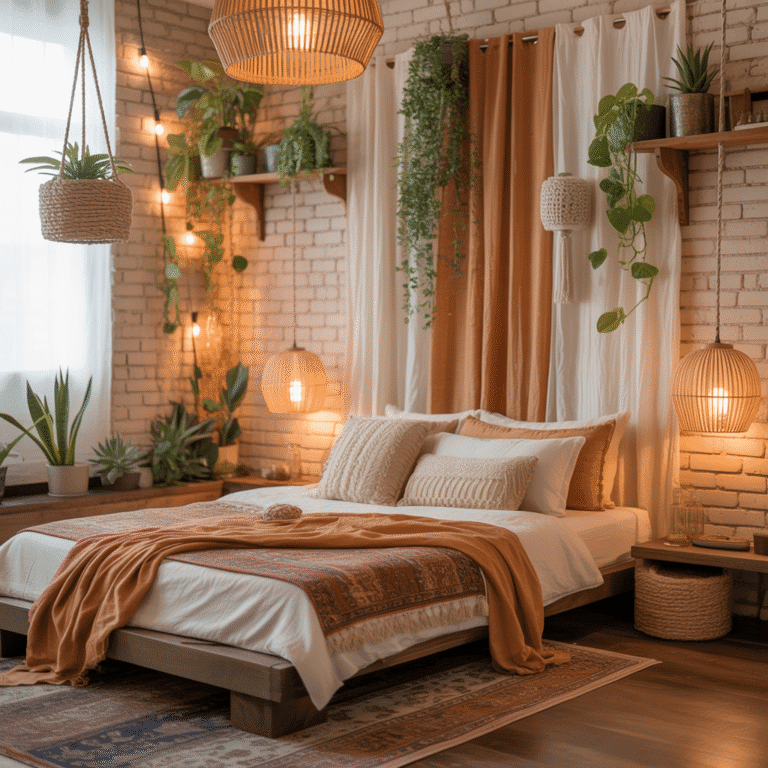Modern cozy boho bedroom styled with sage green décor and natural textures