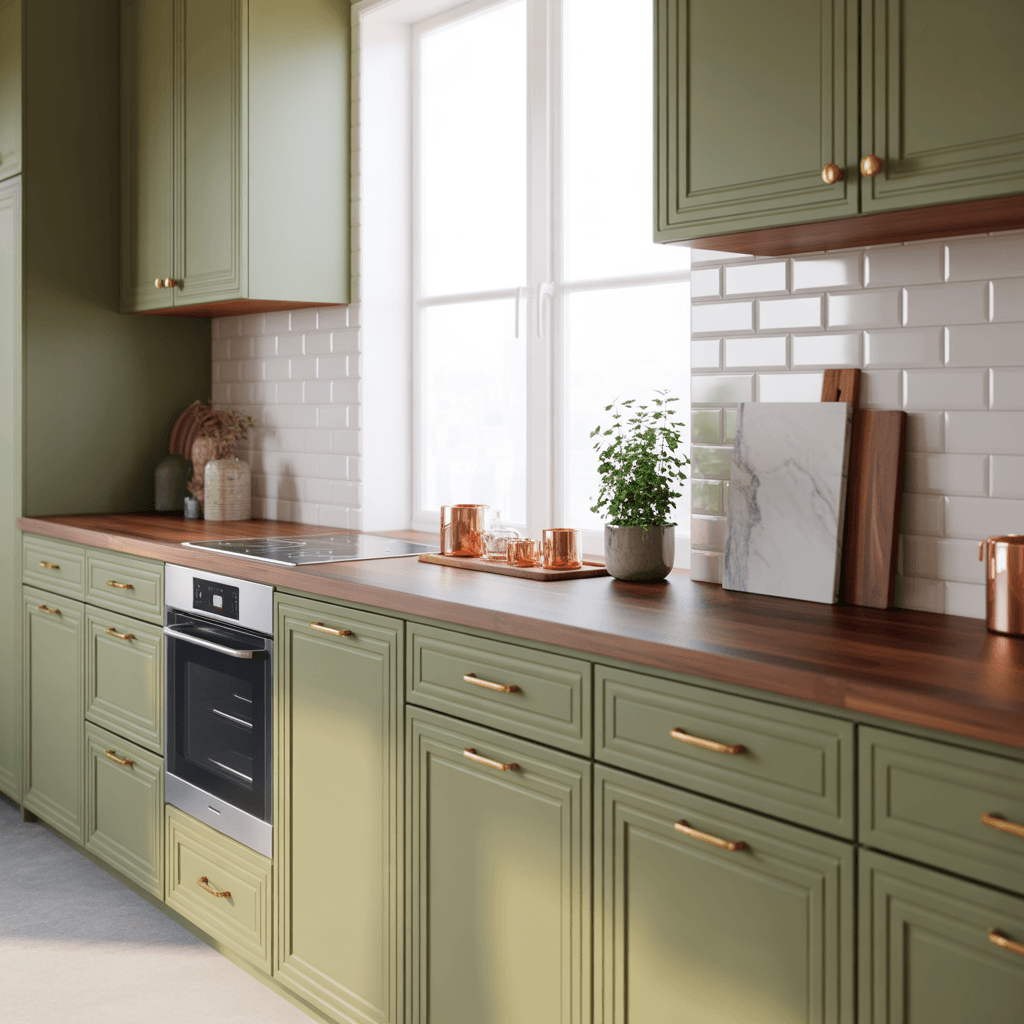 Modern kitchen with sage green cabinets, brass handles, and wooden countertops.