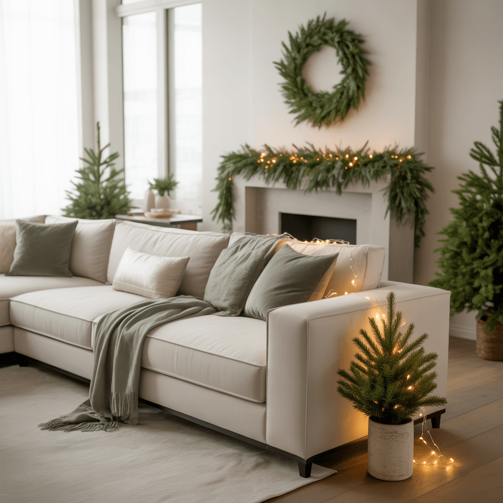Modern living room decorated with a soft sage green Christmas theme.