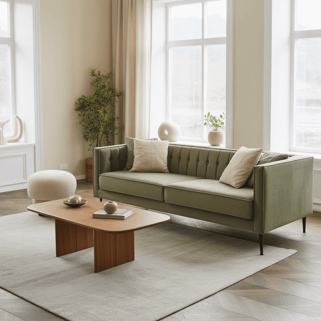  Modern living room with a sage green velvet sofa and wooden coffee table.
