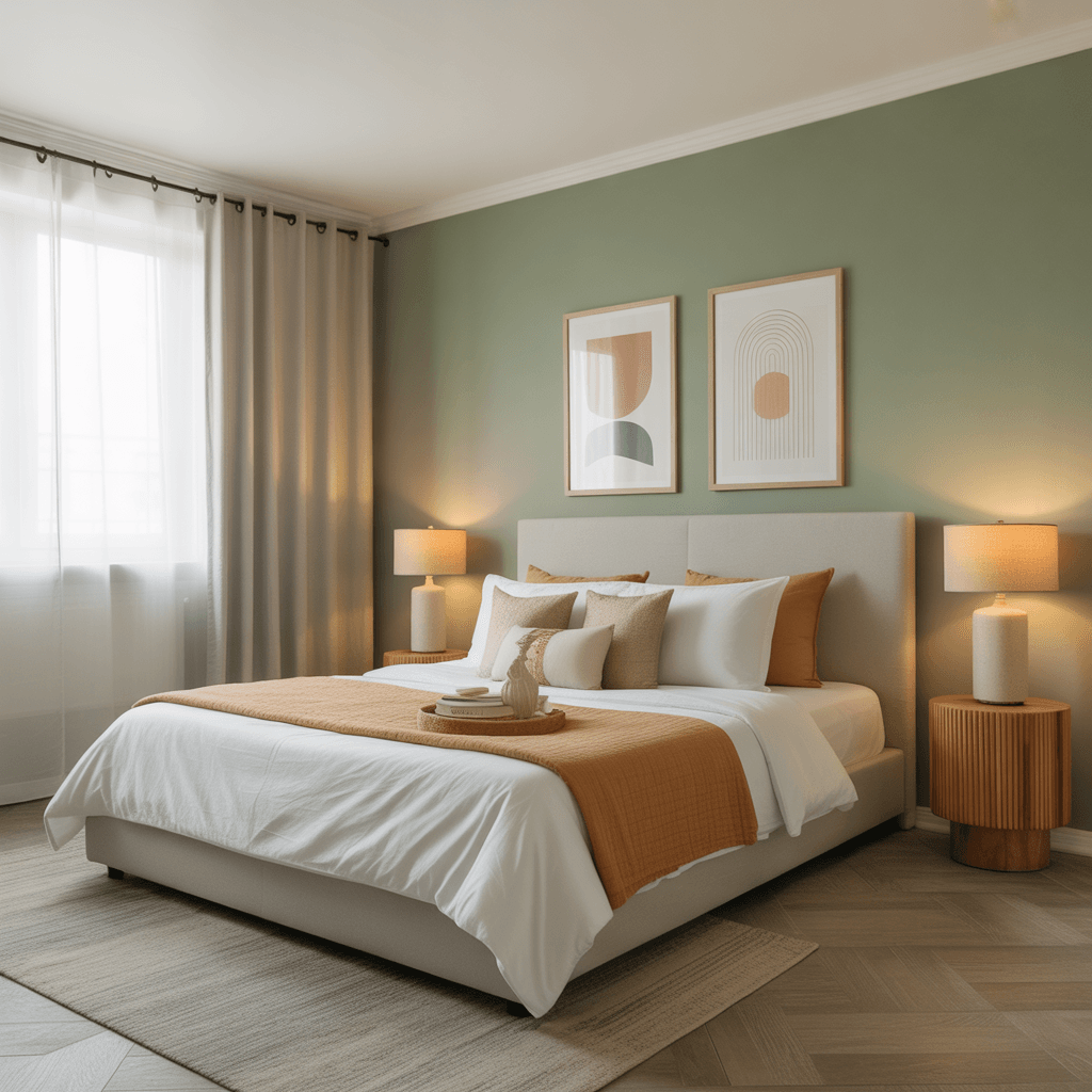 Modern minimalist Boho bedroom with sage green accent wall.