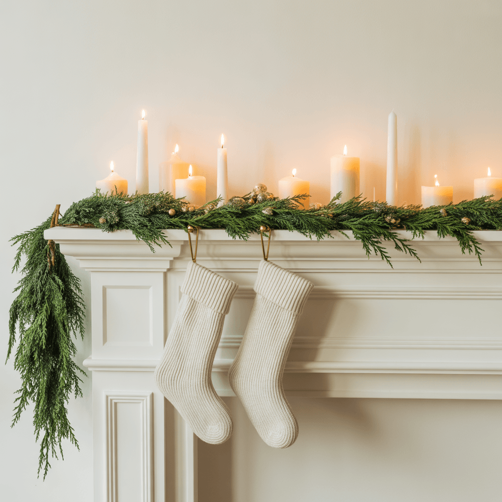 Modern minimalist Christmas mantel with greenery and candles.