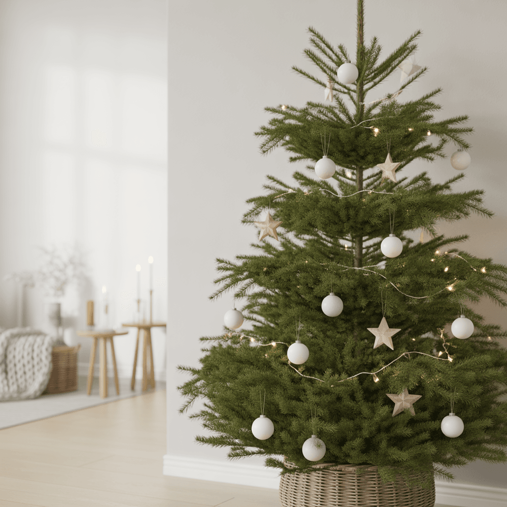 Modern minimalist Christmas tree with simple ornaments.