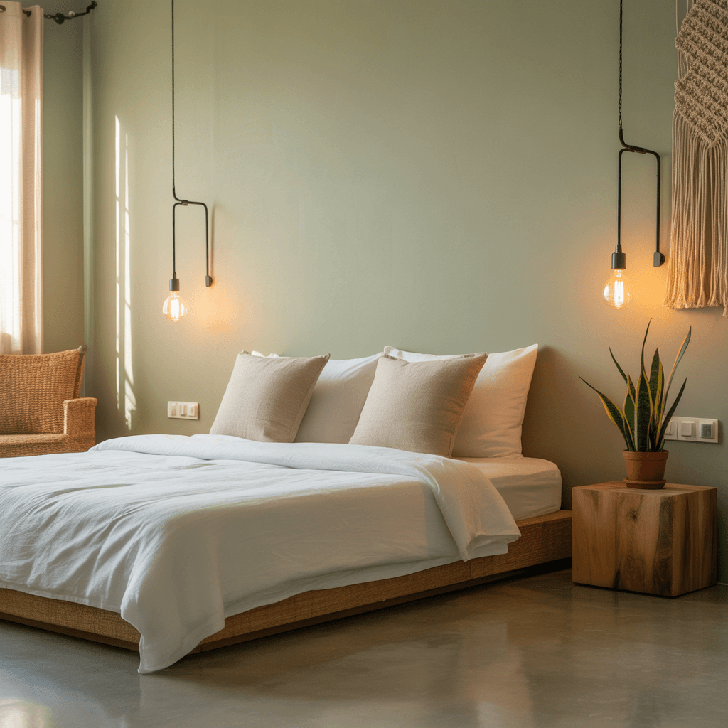 Modern minimalist furniture in sage green boho bedroom.