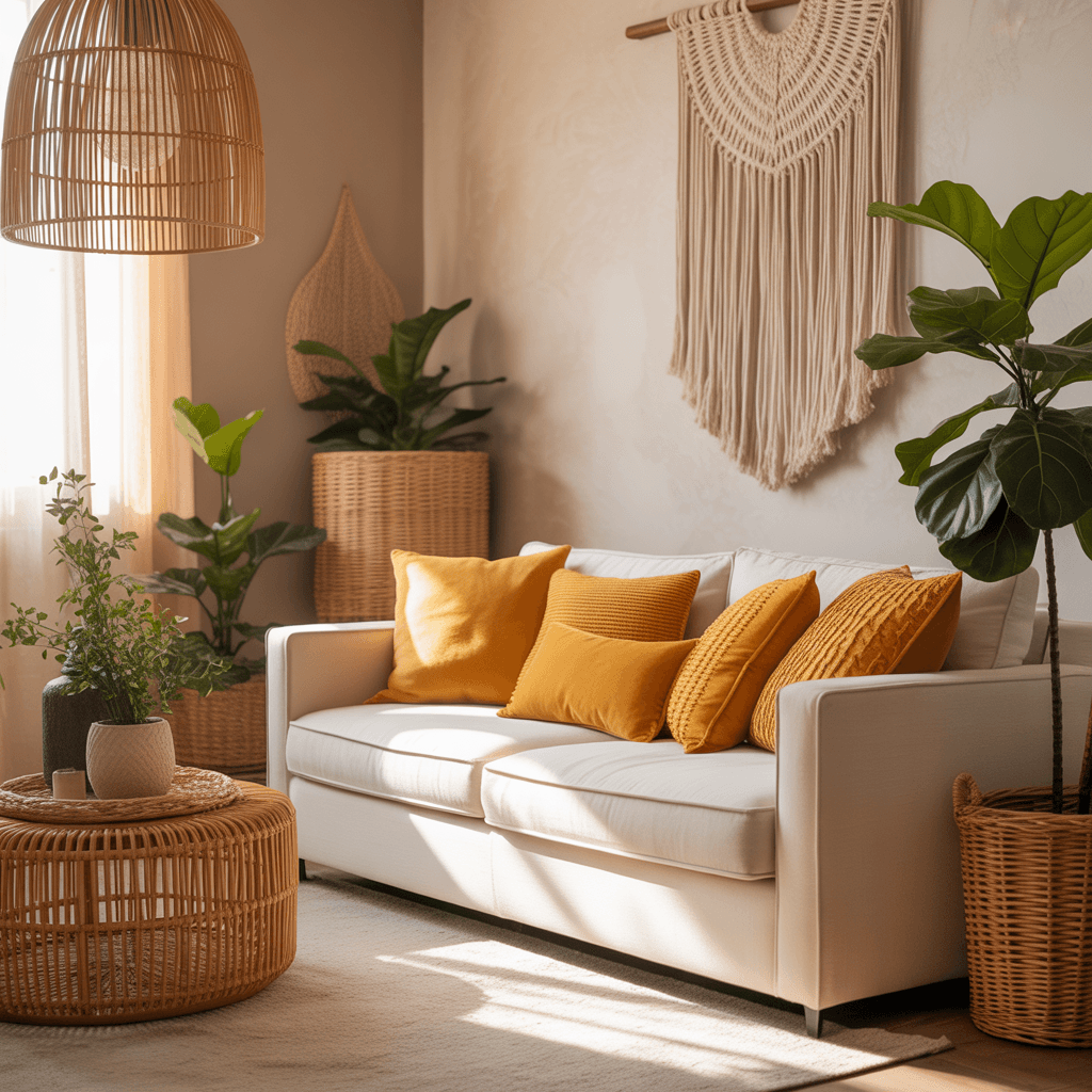  Mustard and honey gold accents in a modern boho living room.