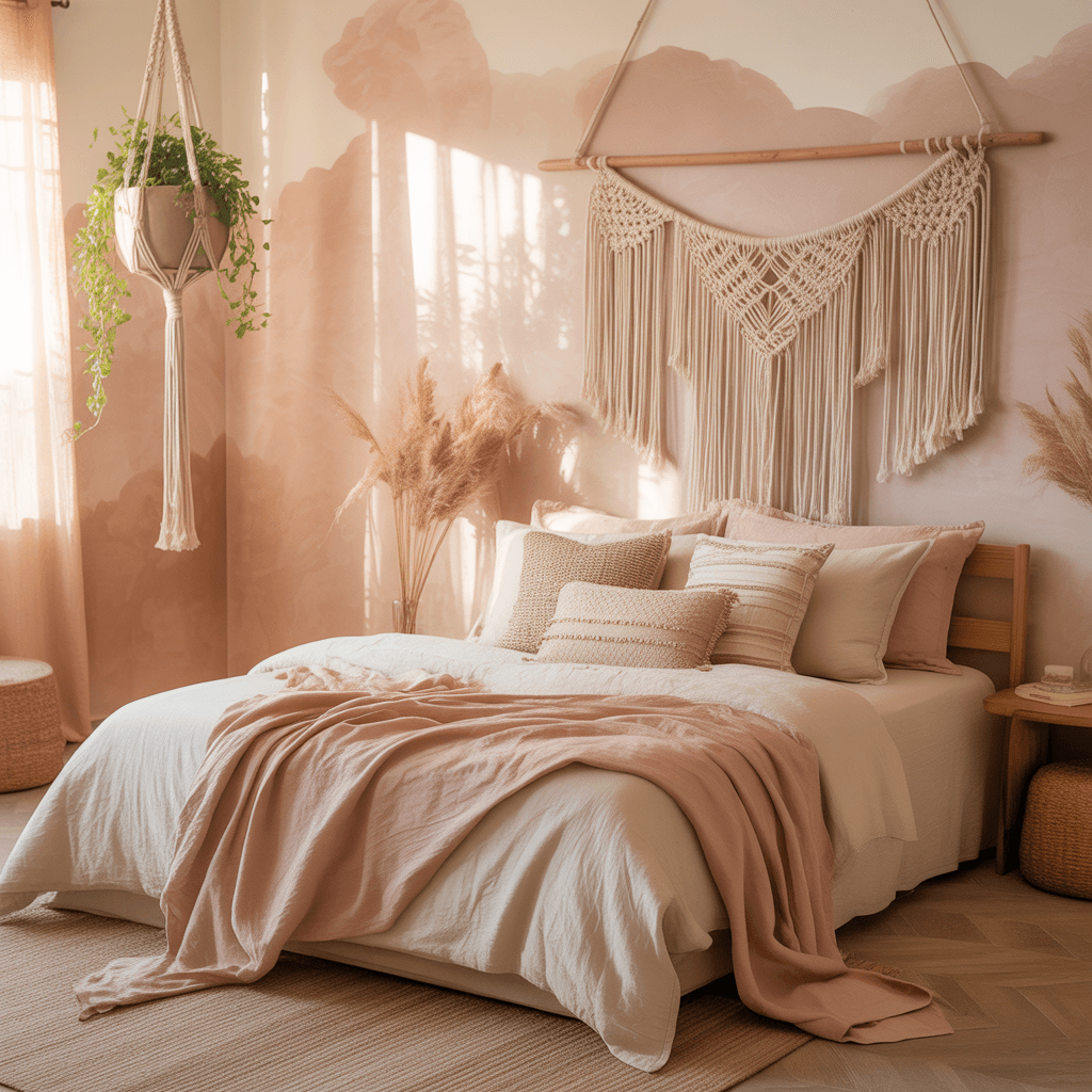 Muted peach boho bedroom with natural textures.