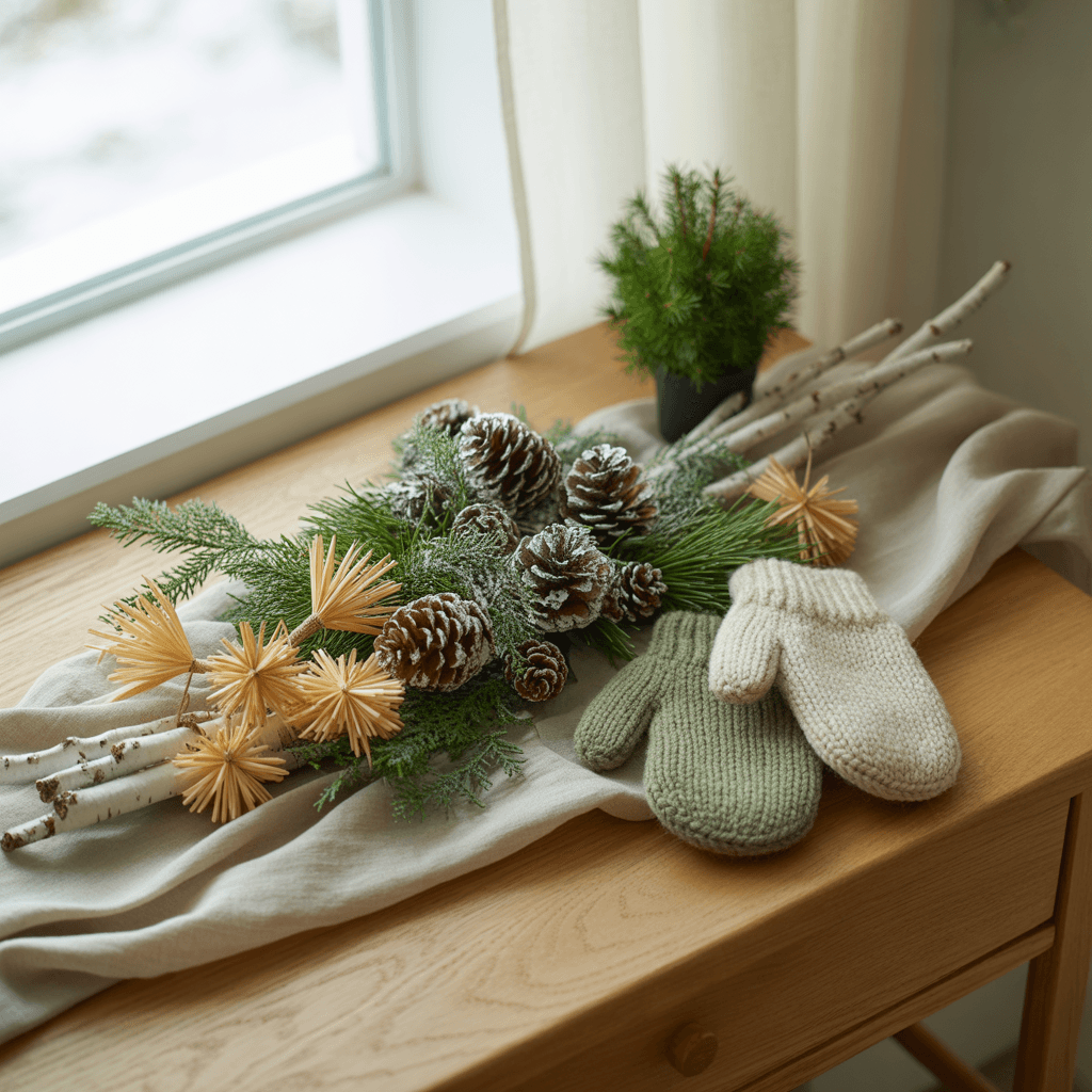 Natural Scandinavian Christmas décor materials such as wood and greenery.