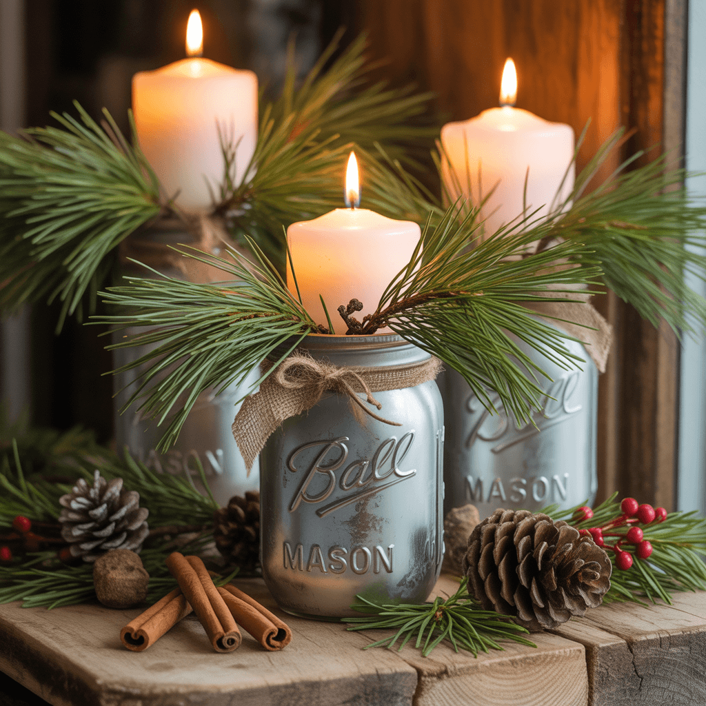 Natural rustic Christmas table centerpiece with mason jars and greenery.