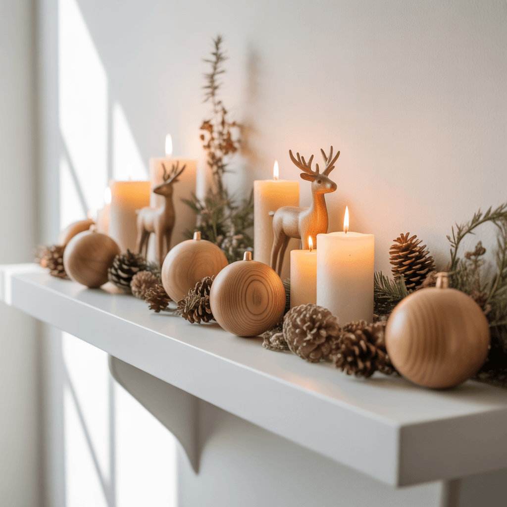 Natural wood holiday accents on a minimalist shelf.
