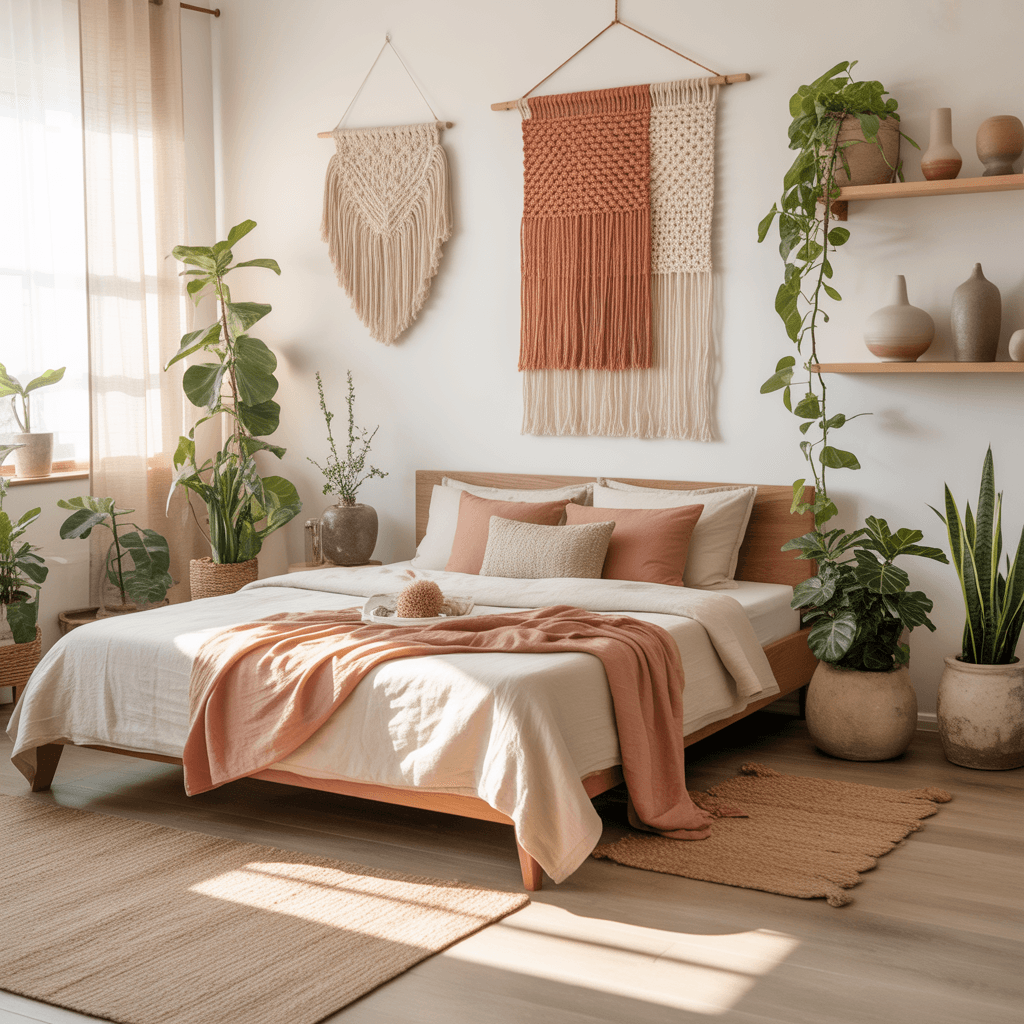 Nature-inspired Scandinavian Boho bedroom with woven décor and plants.”