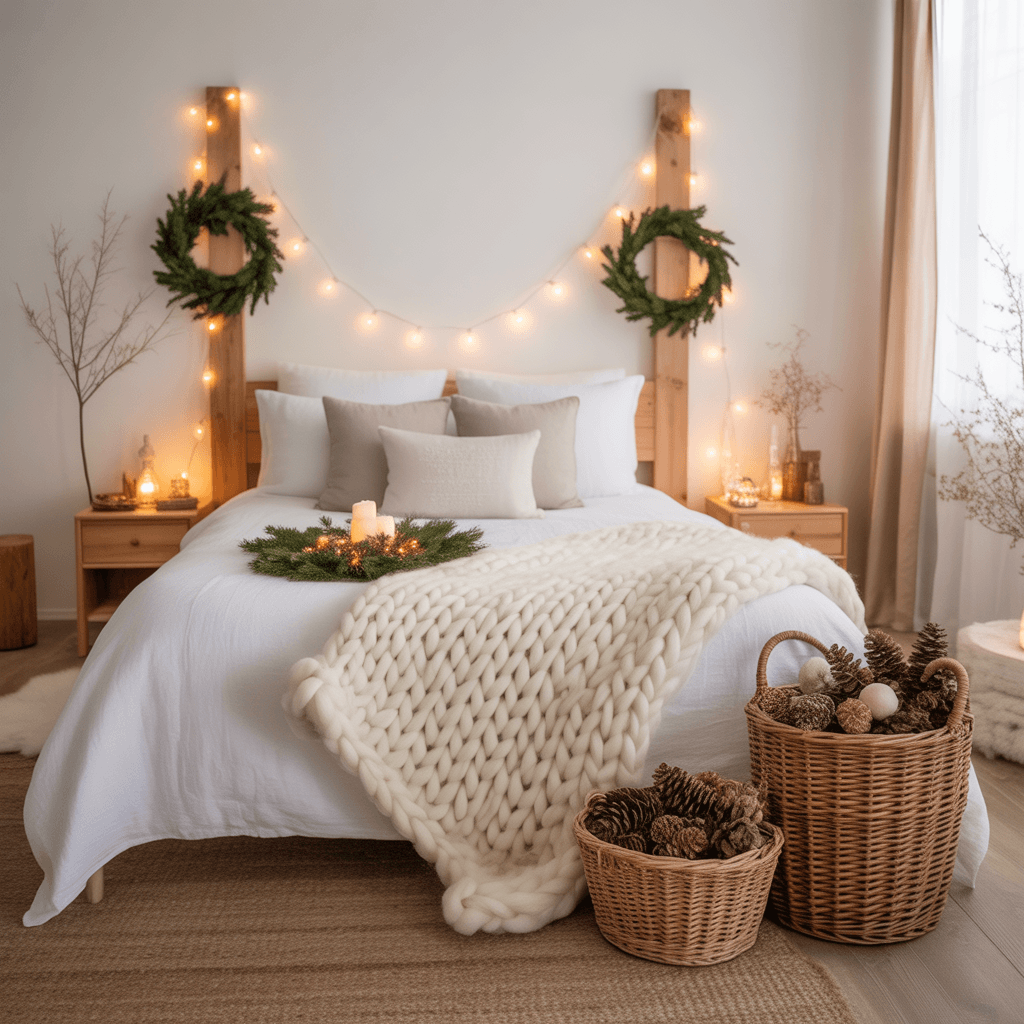 Neutral Scandinavian Christmas bedroom with soft lights and natural décor.