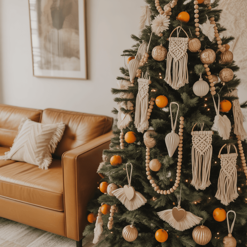 Neutral boho Christmas ornaments made with dried oranges, macramé, and wood beads on a natural holiday tree.