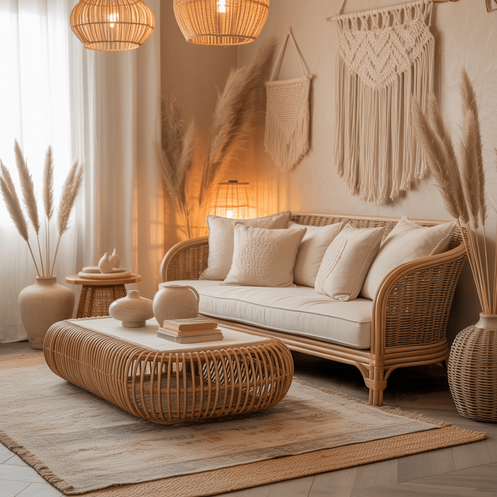 Neutral boho room with sandy beige tones and organic décor.