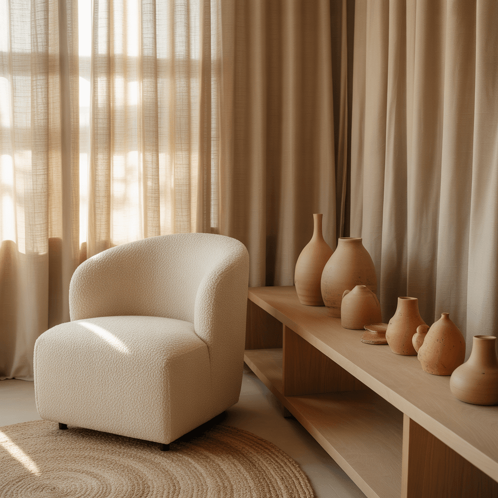 Neutral living room with warm textures like bouclé, linen, jute, and terracotta.