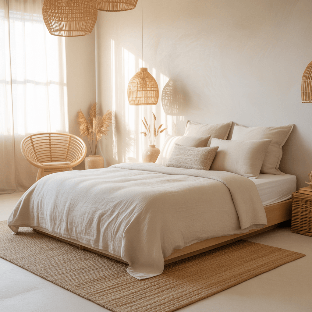 Neutral minimal Boho bedroom with layered textures like jute, linen, and rattan.