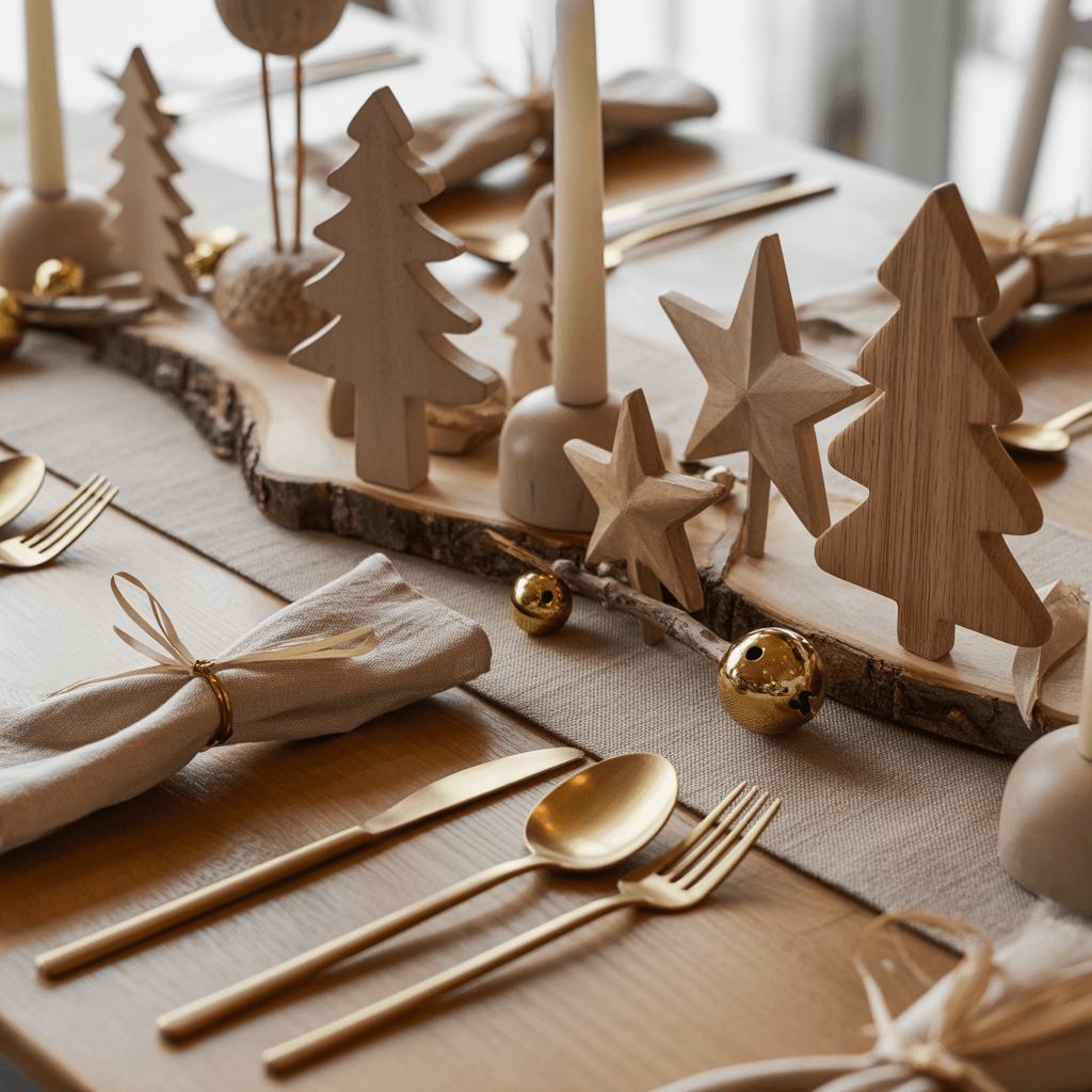 Neutral rustic Christmas table setting with gold and wood elements.
