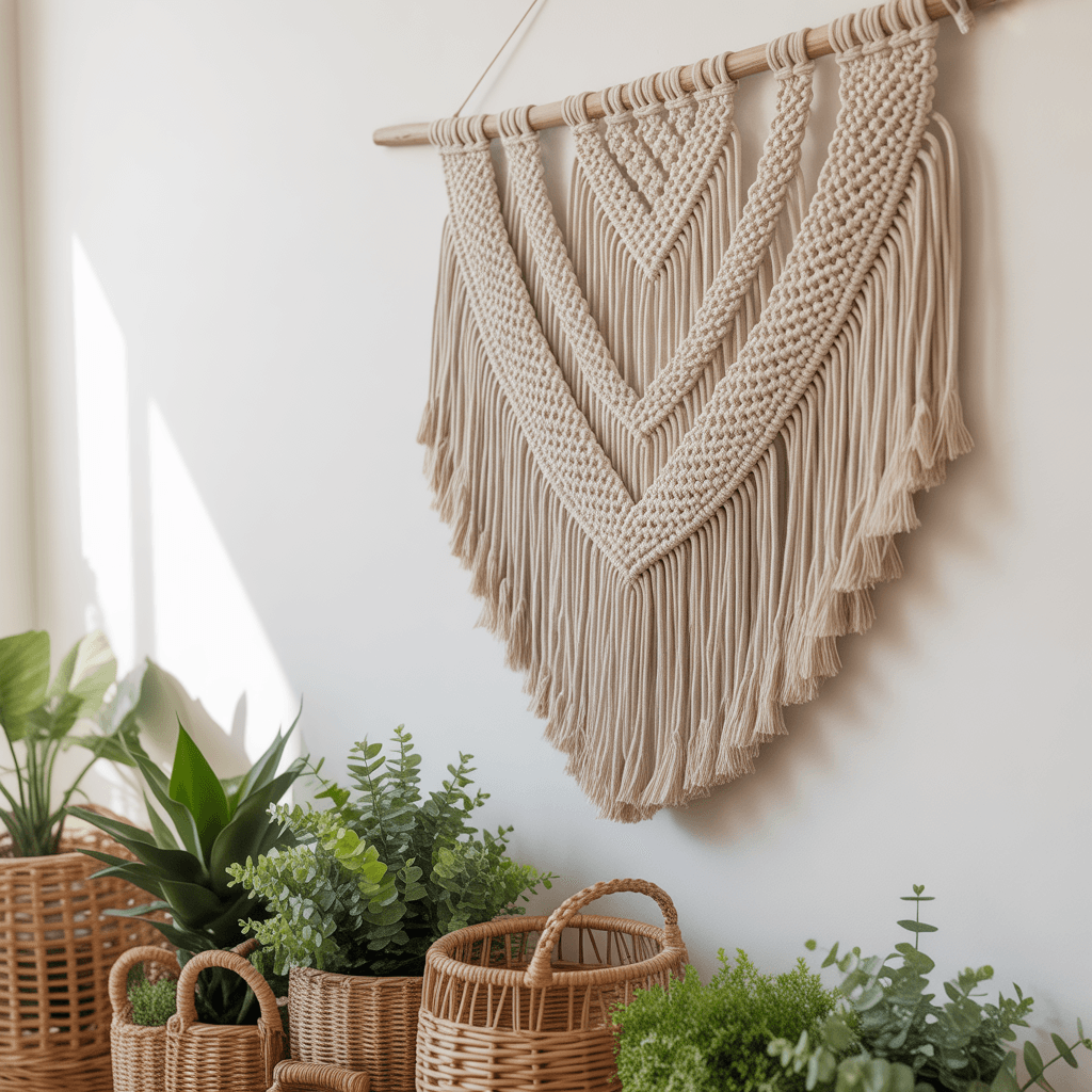 Neutral woven Boho wall hanging above a wooden console table
