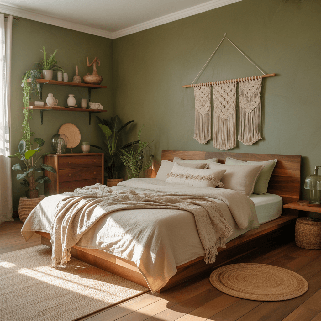 Olive green boho bedroom with cozy natural textures.