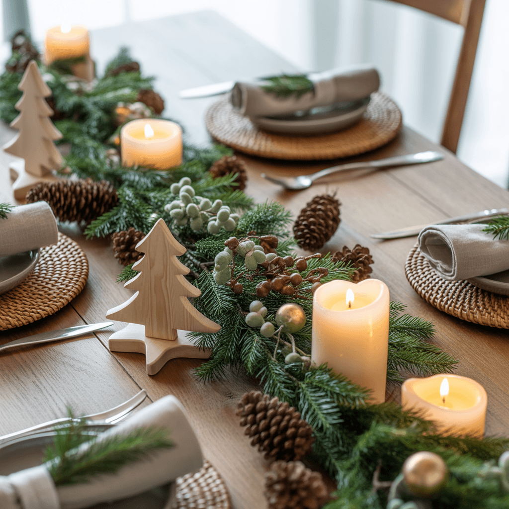 Organic Christmas décor with natural greenery and wooden ornaments.