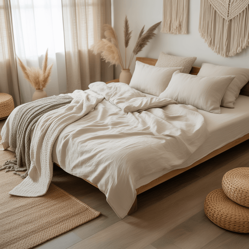 Organic linen and cotton fabrics styled in a Scandinavian Boho bedroom.