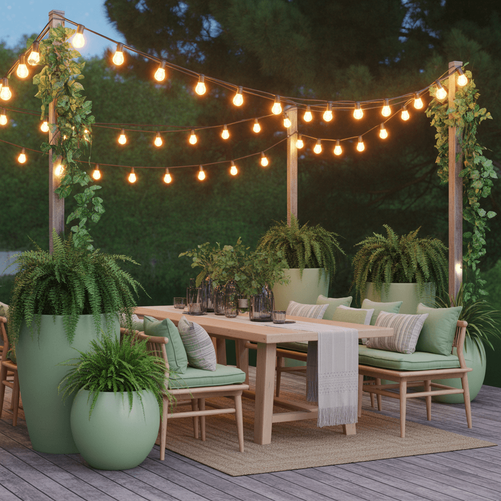 Outdoor patio with sage green cushions and planters surrounded by greenery.