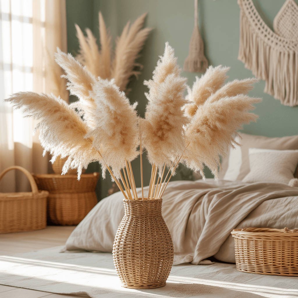 Pampas grass and dried botanicals in boho sage green room