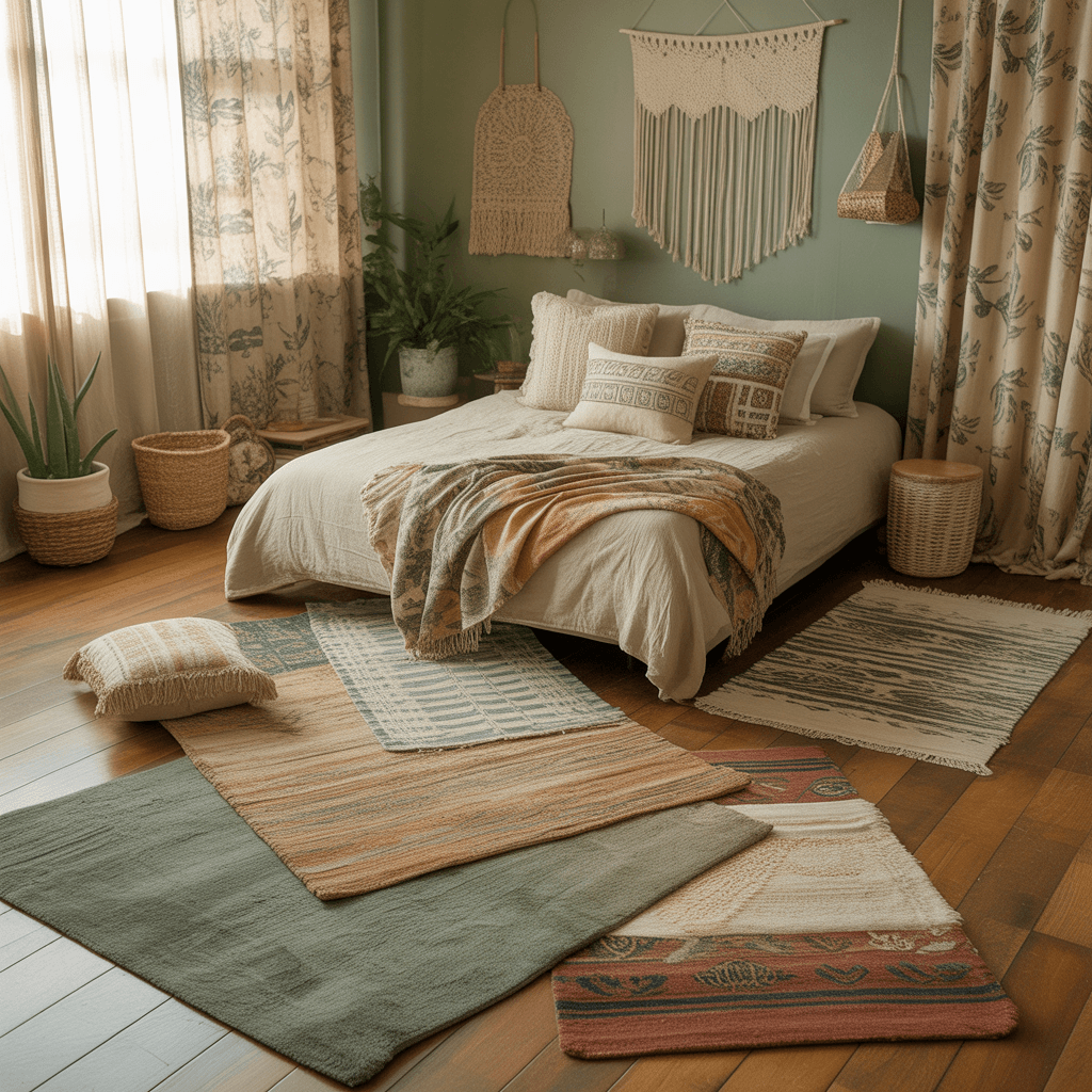 Patterned boho bedroom with sage and cream decor