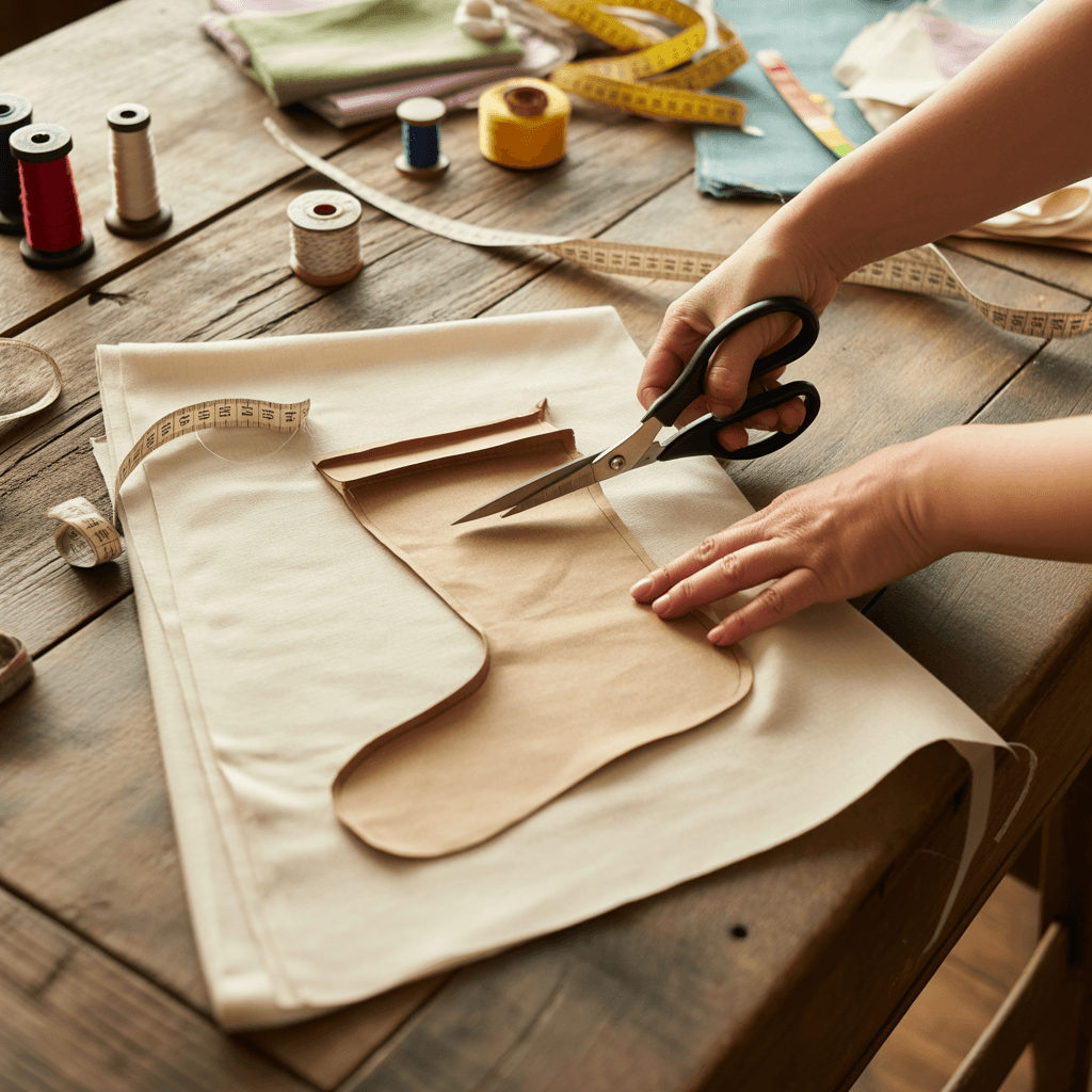 Person cutting fabric for boho Christmas stocking template.