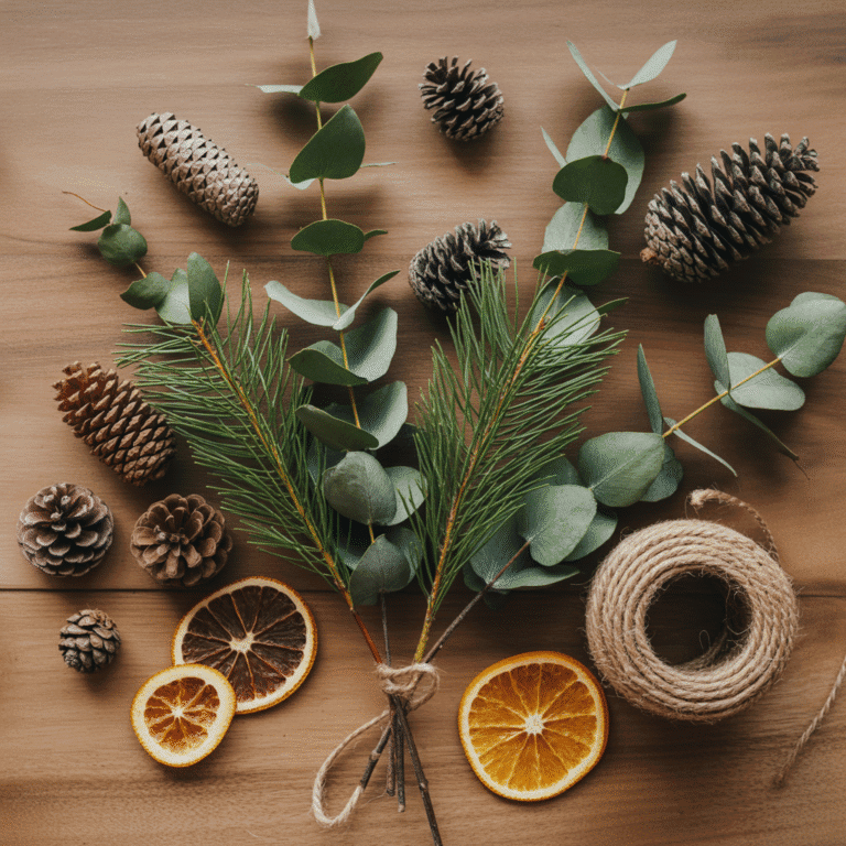 Person trimming eucalyptus branches for winter garland.