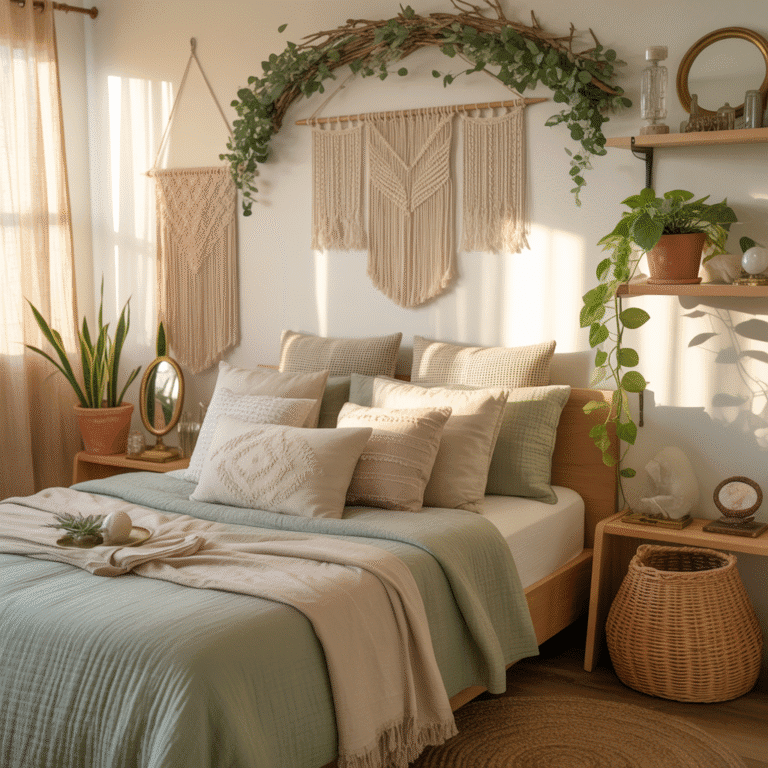 Personal Boho decor items creating a warm, Sage Green Boho Bedroom Sanctuary.