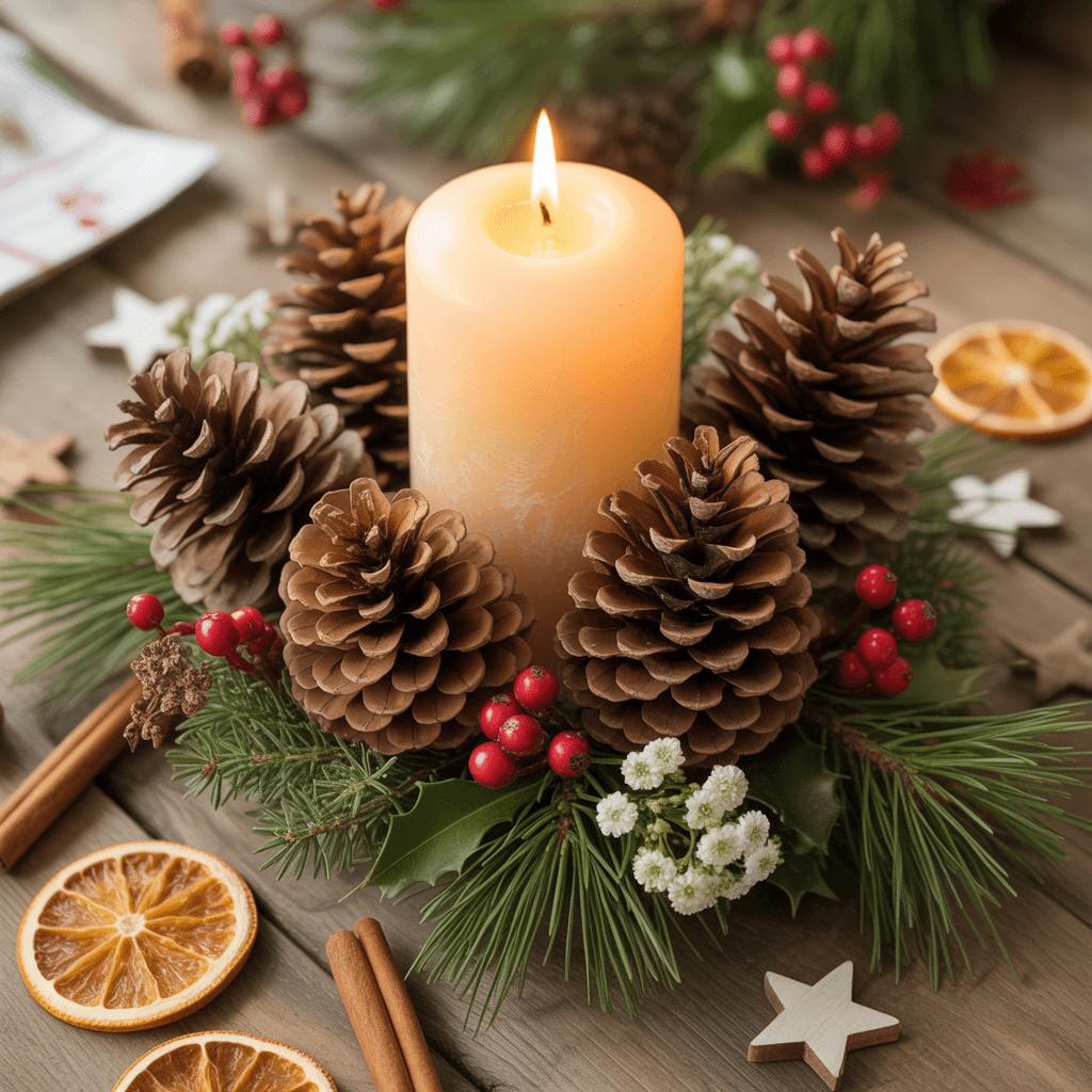 Pinecone and candle cluster centerpiece for rustic Christmas table.