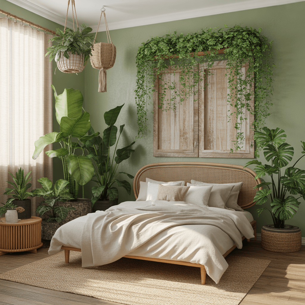 Plants in sage green boho bedroom decor.