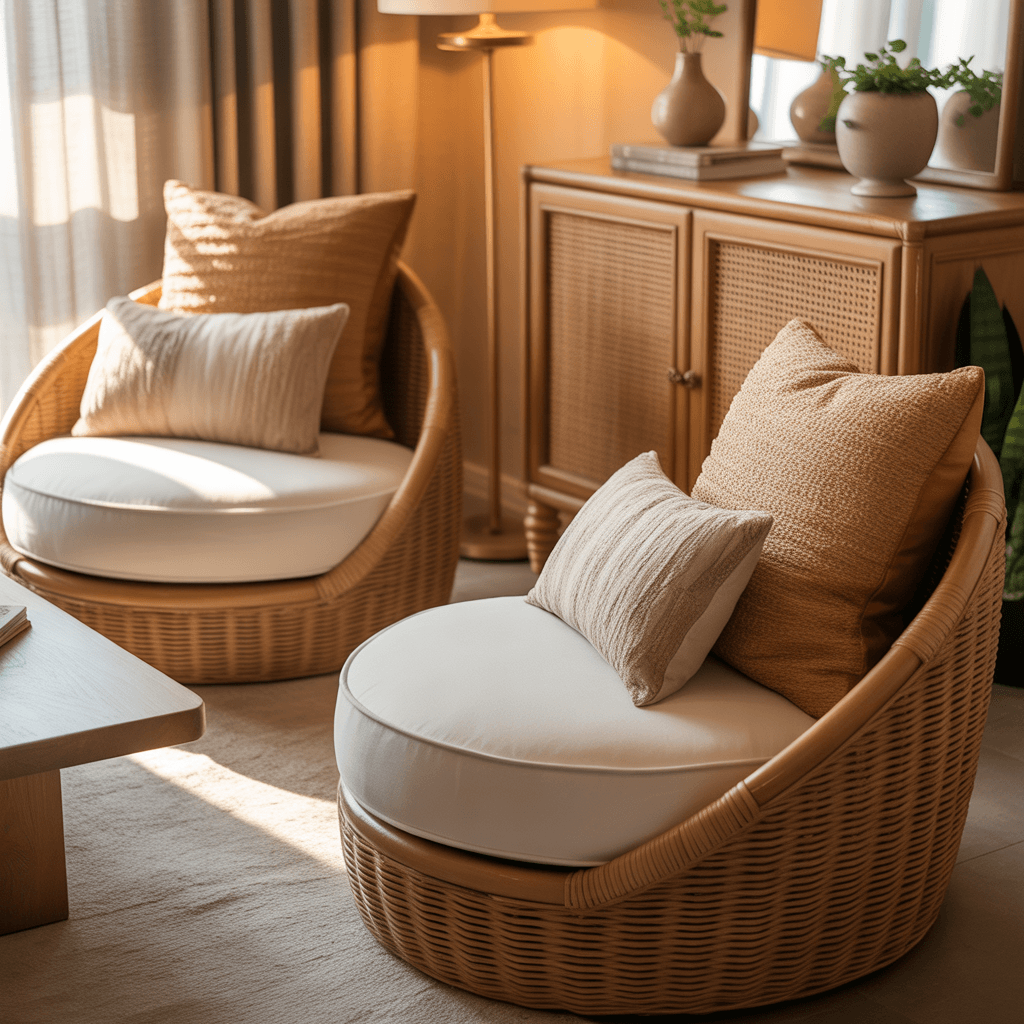 Rattan and cane furniture in a warm Boho living room.