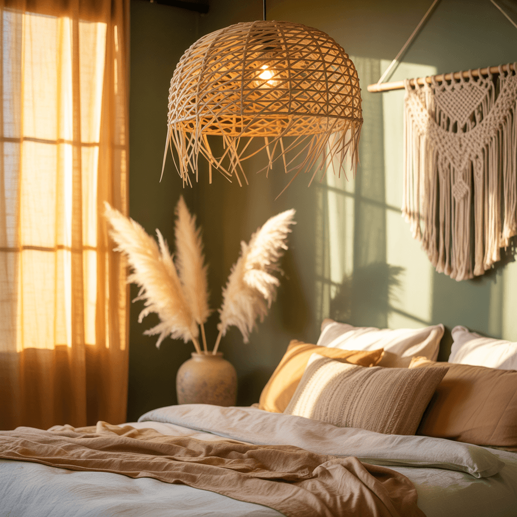 Rattan, linen, and jute textures in sage green boho room.