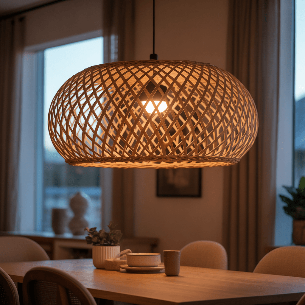 Rattan pendant light adding ambient warmth to modern interiors.