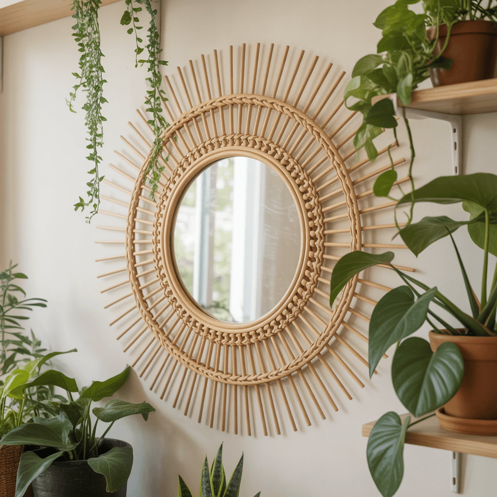 Round rattan mirror on a white Boho wall with plants underneath