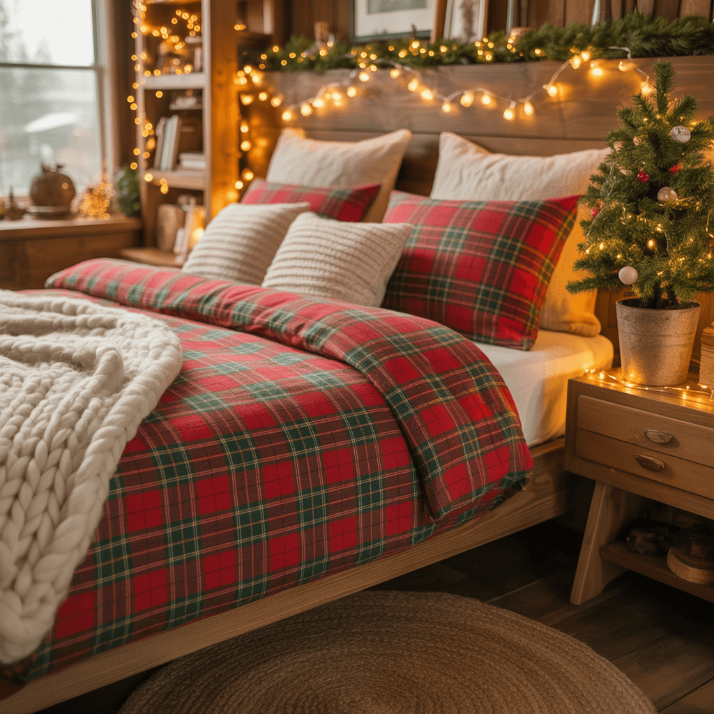 Rustic Christmas-inspired bedroom with cozy winter décor.