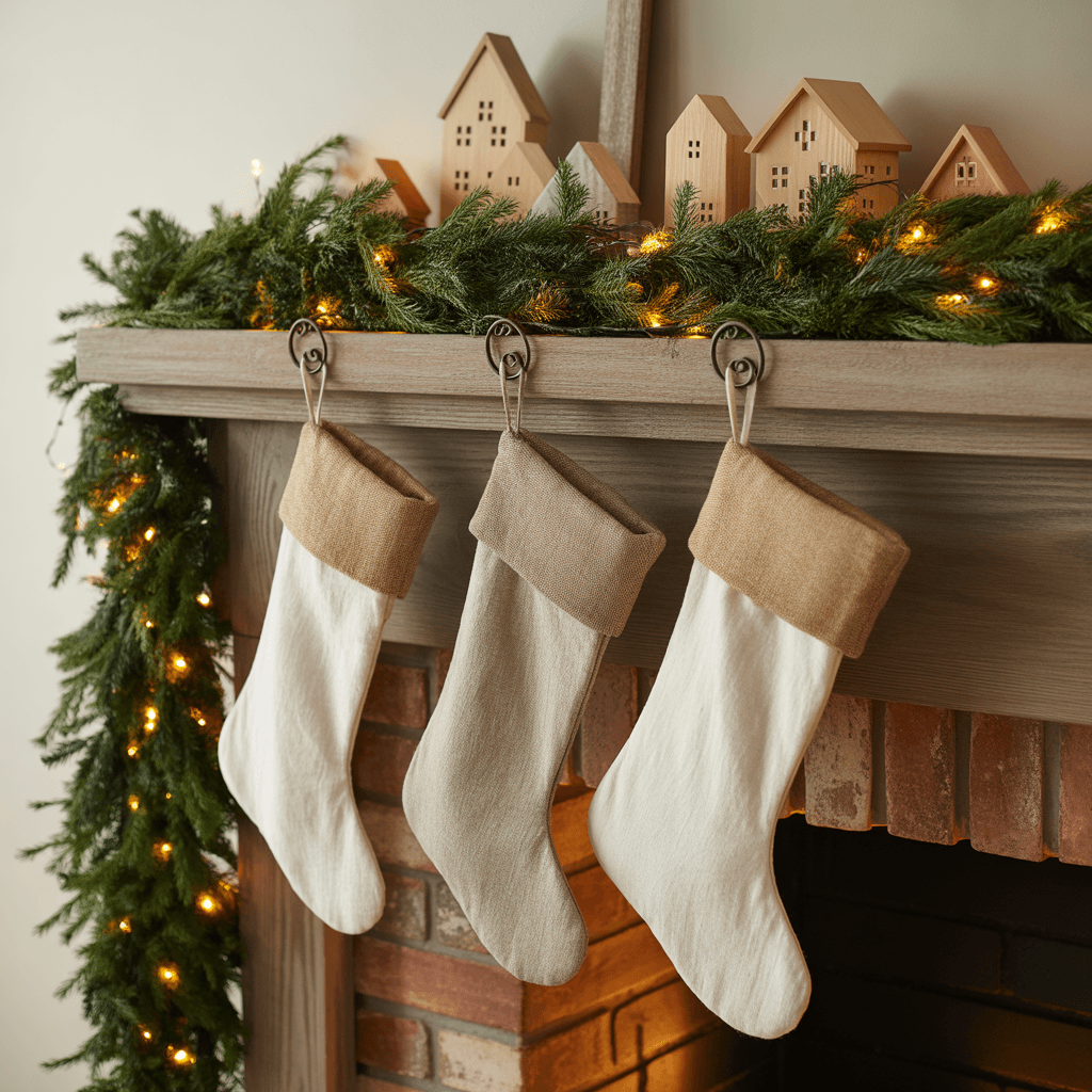 Rustic Christmas mantel decorated with natural garlands and cozy textures.