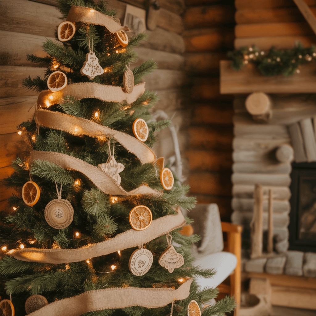 Rustic Christmas tree with natural ornaments and warm lighting.