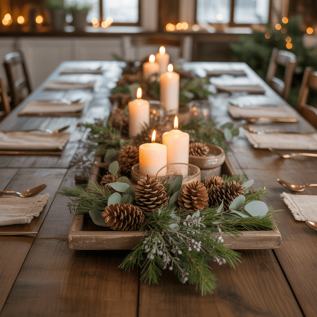 Rustic DIY Christmas centerpieces with pinecones, greenery, and candles on a wooden table.