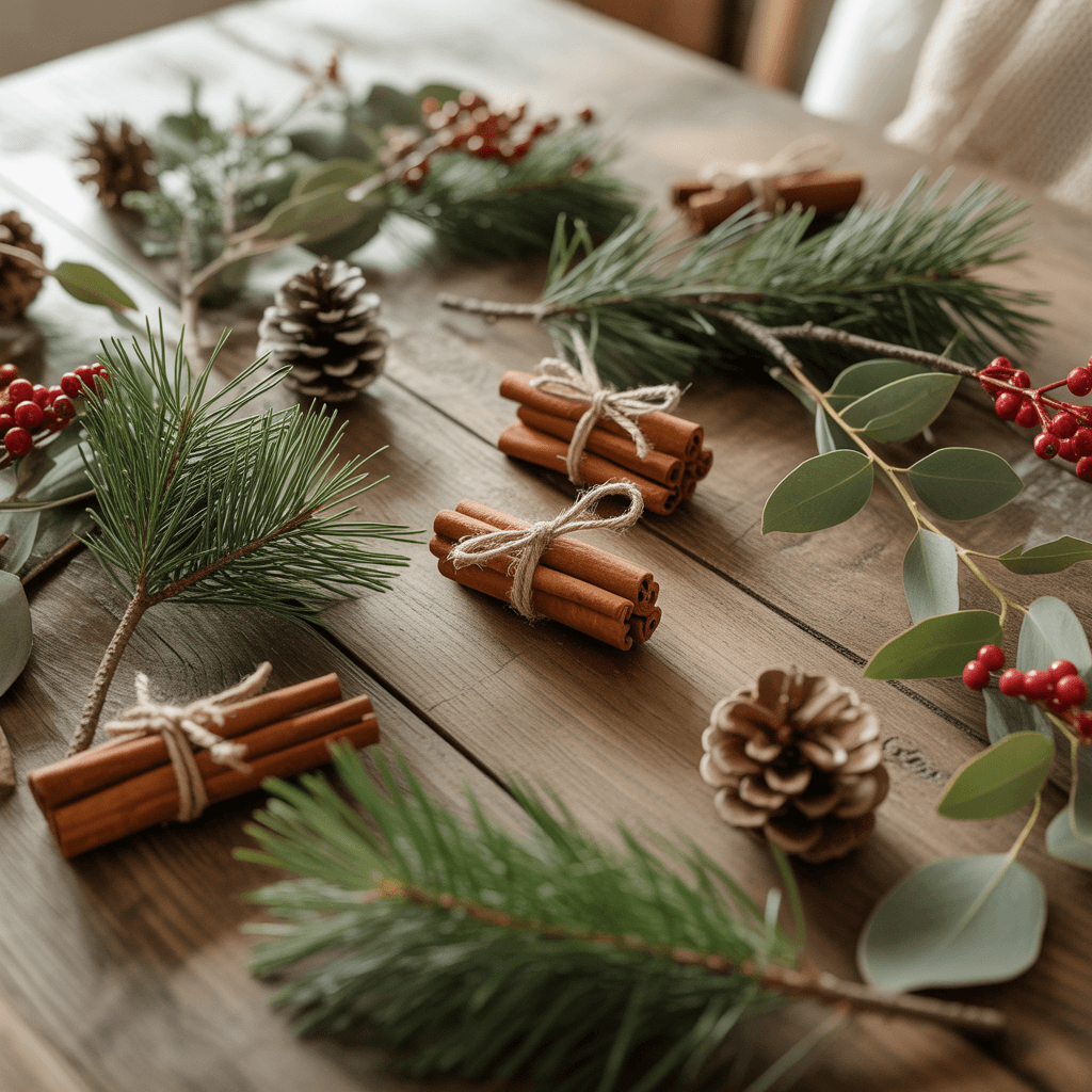 Rustic boho Christmas table decorated with pine branches and cinnamon sticks.