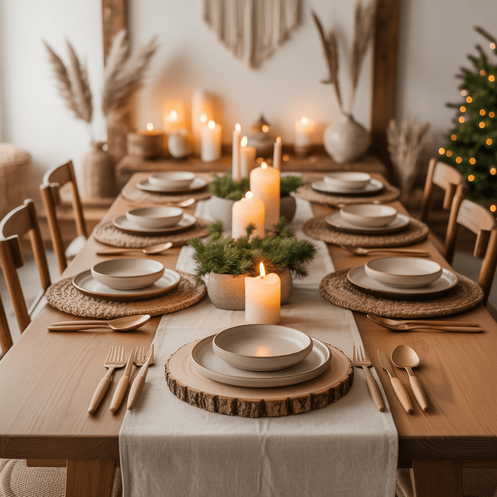  Rustic boho Christmas table with linen runner and wooden decor.