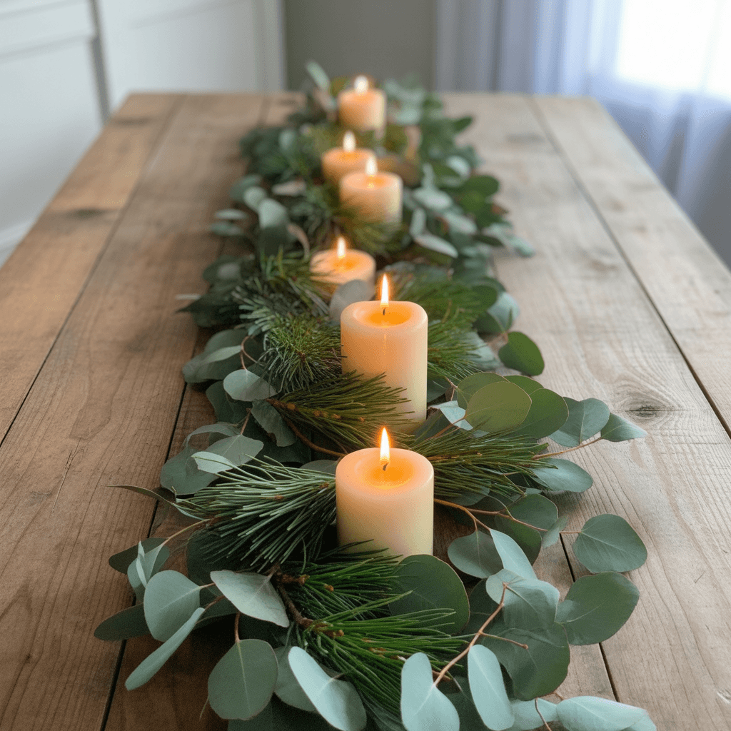 Rustic eucalyptus and pine Christmas table runner centerpiece.