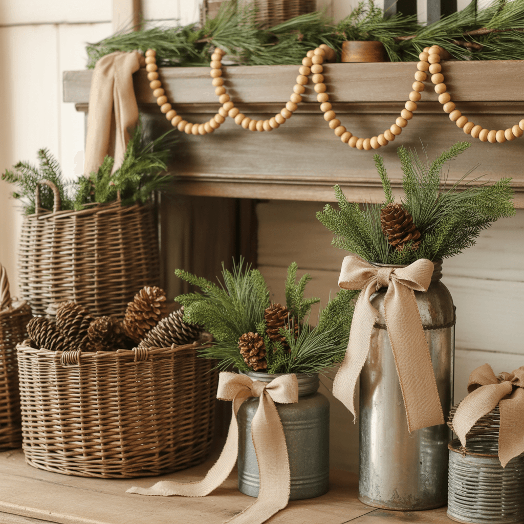 Rustic farmhouse Christmas décor using burlap, wood beads, and wicker baskets.